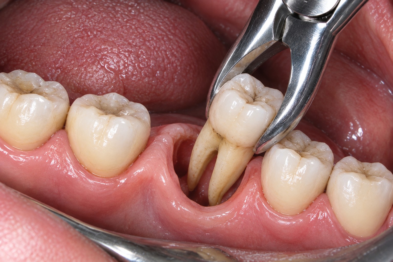 Extração dentária com fórceps em boca